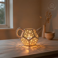 Load image into Gallery viewer, Handmade ceramic teapot candle holder lantern with warm glowing light, cozy home decor, unique pottery tealight holder gift