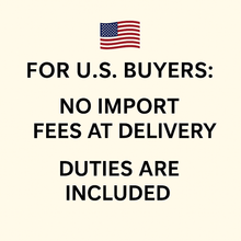 Load image into Gallery viewer, Text on a beige background with an American flag, indicating no import fees for U.S. buyers.