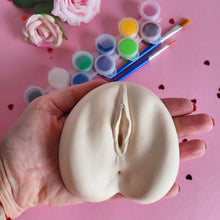 Load image into Gallery viewer, Blank ceramic vagina for bachelorette or hen party decorations. Paint and sip coloring games for adults. This ceramic vulva blank is sure to get the party started and make the best kind of raucous memories at gay bachelor, bridal shower or girl night party! Pussy paint kit.