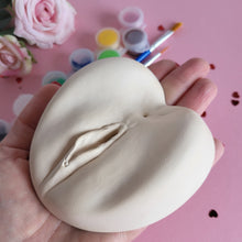 Load image into Gallery viewer, Blank ceramic vagina for bachelorette or hen party decorations. Paint and sip coloring games for adults. This ceramic vulva blank is sure to get the party started and make the best kind of raucous memories at gay bachelor, bridal shower or girl night party! Pussy paint kit.