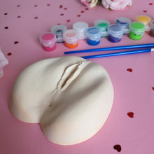Load image into Gallery viewer, Blank ceramic vagina for bachelorette or hen party decorations. Paint and sip coloring games for adults. This ceramic vulva blank is sure to get the party started and make the best kind of raucous memories at gay bachelor, bridal shower or girl night party! Pussy paint kit.