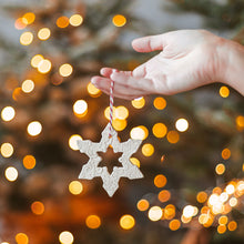 Load image into Gallery viewer, ceramic hanging Christmas tree ornament snowflakes. Pottery hanging snowlake set for holiday home decor.