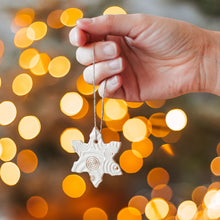 Load image into Gallery viewer, ceramic hanging Christmas tree ornament snowflakes. Pottery hanging snowlake set for holiday home decor.