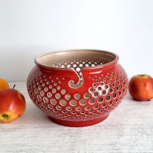 Load image into Gallery viewer, handmade red ceramic yarn bowl for knitting fruit holder and glowing candle lantern.