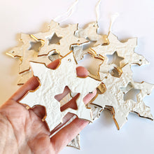 Load image into Gallery viewer, Ceramic snowflakes decorated in gold Holiday tree decor gift for wife or husband Elegant home decor cozyhomeideas
