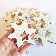 Load image into Gallery viewer, Ceramic snowflakes decorated in gold Holiday tree decor gift for wife or husband Elegant home decor cozyhomeideas