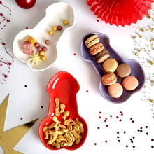 Load image into Gallery viewer, These colorful penis-shaped plates will brighten up a bachelorette/hen party or add playfulness to a gay bachelor party. Ceramic penis plate for adult's birthday party decor or bachelorette final fiesta sexy party supplies.