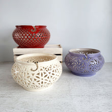 Load image into Gallery viewer, CLarge handmade purple ceramic yarn bowl with spiral guide and carved patterns