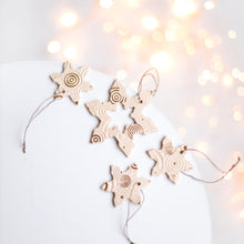 Load image into Gallery viewer, ceramic hanging Christmas tree ornament snowflakes. Pottery hanging snowlake set for holiday home decor.