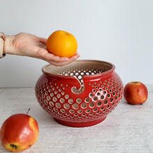 Load image into Gallery viewer, handmade red ceramic yarn bowl for knitting fruit holder and glowing candle lantern