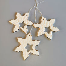 Load image into Gallery viewer, Ceramic snowflakes decorated in gold Holiday tree decor gift for wife or husband Elegant home decor cozyhomeideas