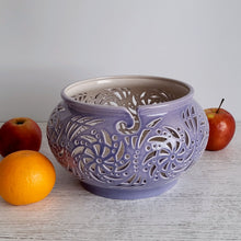 Load image into Gallery viewer, Large handmade purple ceramic yarn bowl with spiral guide and carved patterns