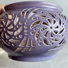 Load image into Gallery viewer, Large handmade purple ceramic yarn bowl with spiral guide and carved patterns