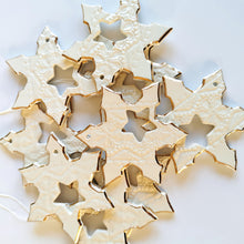 Load image into Gallery viewer, Ceramic snowflakes decorated in gold Holiday tree decor gift for wife or husband Elegant home decor cozyhomeideas