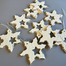 Load image into Gallery viewer, Ceramic snowflakes decorated in gold Holiday tree decor gift for wife or husband Elegant home decor cozyhomeideas