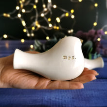 Load image into Gallery viewer, This pair of beautiful wedding cake toppers will add a classy finishing touch to your cake! The elegant cake toppers represent a pair of love birds or white doves. These cake toppers will decorate not only your wedding cake but also your home.