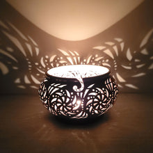 Load image into Gallery viewer, Large handmade purple ceramic yarn bowl with spiral guide and carved patterns