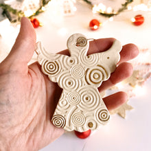Load image into Gallery viewer, veramic hanging ornamet for tree. Christmas angel in gold decor. Handmade ceramic hanging holiday ornament.