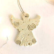Load image into Gallery viewer, veramic hanging ornamet for tree. Christmas angel in gold decor. Handmade ceramic hanging holiday ornament.