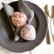 Load image into Gallery viewer, Our handmade ceramic custom place settings are a stunning alternative to flimsy paper place cards. They provide a memorable way to guide your friends and family to the right seats at your reception or shower. Additionally, the charming ceramic hearts make wonderful keepsakes to treasure after the celebration is over.