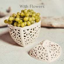 Load image into Gallery viewer, This ceramic bowl with lid can be used as a fruit bowl, cookie or candy jar, or candle holder in any room of the home! They make wonderful heartfelt gifts for special occasions like a wedding or housewarming or for a holiday, or birthday gift.