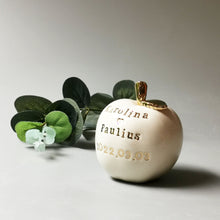 Load image into Gallery viewer, Wedding cake topper. Celebrate the apple of your eye with this adorable fruit! Handcrafted engraved with the love of your life’s new name is the perfect wedding gift. Give them something they’ll remember, something that will last for years and years!