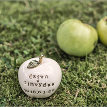 Load image into Gallery viewer, Wedding cake topper. Celebrate the apple of your eye with this adorable fruit! Handcrafted engraved with the love of your life’s new name is the perfect wedding gift. Give them something they’ll remember, something that will last for years and years!