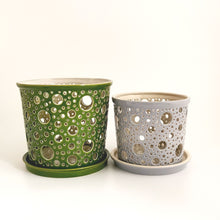 Load image into Gallery viewer, Keep your orchids or other house plants happy in an attractive carved ceramic orchid planter! Each one has carved patterns to allow for aeration of the soil inside the container. You could use this ceramic planter as a fruit bowl or candle holder.