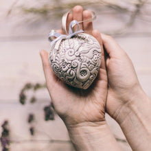 Load image into Gallery viewer, These vintage-inspired ceramic hanging hearts - a universal symbol of love. This heart will be a lovely gift for newlyweds on their wedding day or for your partner on Valentine’s Day. Heart will look beautiful at a wedding party or of your everyday décor.