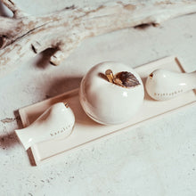 Load image into Gallery viewer, Personalized Love Birds Cake Toppers & Ceramic Apple Bowl Set - Gift for Couples - CozyHomeIdeas
