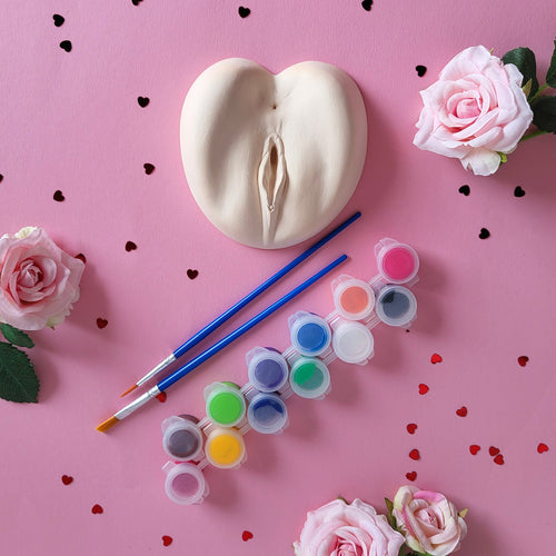 Blank ceramic vagina for bachelorette or hen party decorations. Paint and sip coloring games for adults. This ceramic vulva blank is sure to get the party started and make the best kind of raucous memories at gay bachelor, bridal shower or girl night party! Pussy paint kit.
