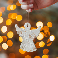 Load image into Gallery viewer, veramic hanging ornamet for tree. Christmas angel in gold decor. Handmade ceramic hanging holiday ornament.
