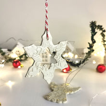 Load image into Gallery viewer, ceramic hanging Christmas tree ornament snowflakes. Pottery hanging snowlake set for holiday home decor.

