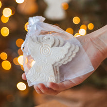 Load image into Gallery viewer, veramic hanging ornamet for tree. Christmas angel in gold decor. Handmade ceramic hanging holiday ornament.
