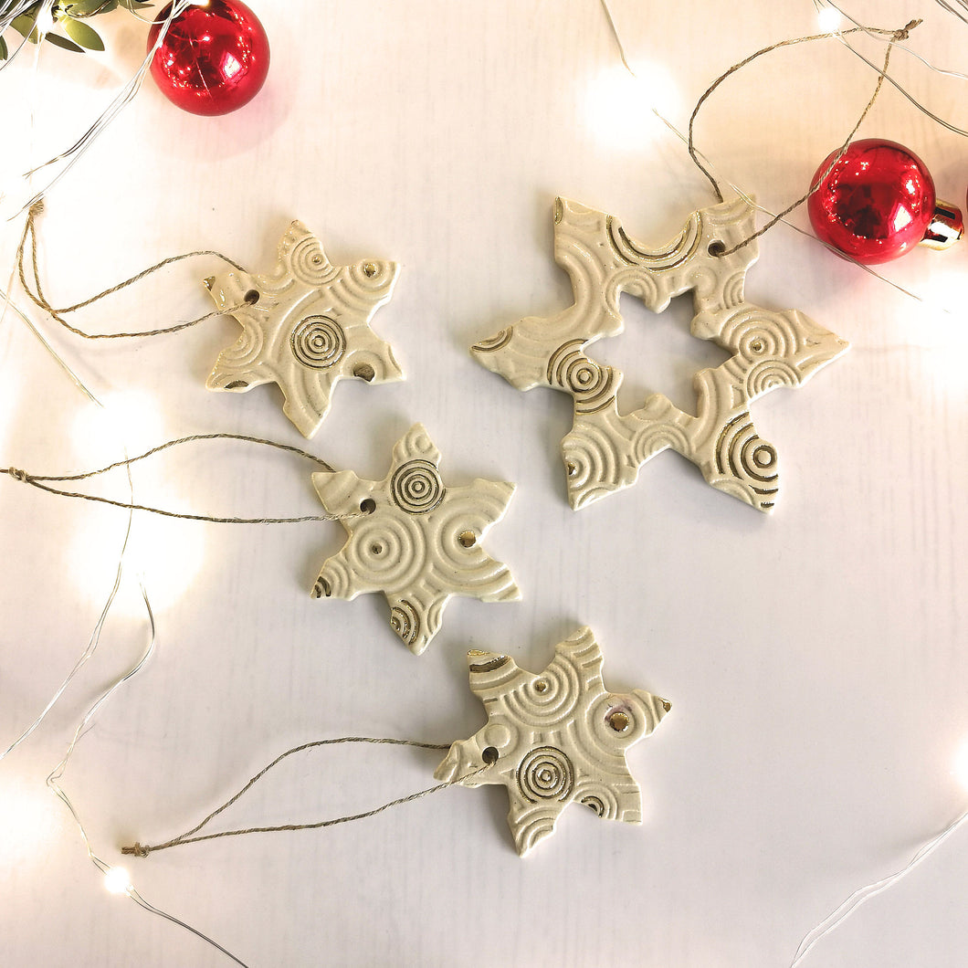 ceramic hanging Christmas tree ornament snowflakes. Pottery hanging snowlake set for holiday home decor.