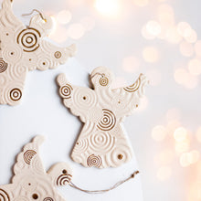 Load image into Gallery viewer, veramic hanging ornamet for tree. Christmas angel in gold decor. Handmade ceramic hanging holiday ornament.
