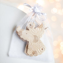 Load image into Gallery viewer, veramic hanging ornamet for tree. Christmas angel in gold decor. Handmade ceramic hanging holiday ornament.
