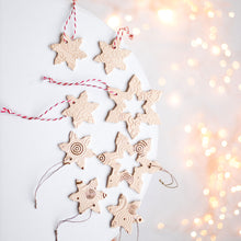 Load image into Gallery viewer, ceramic hanging Christmas tree ornament snowflakes. Pottery hanging snowlake set for holiday home decor.
