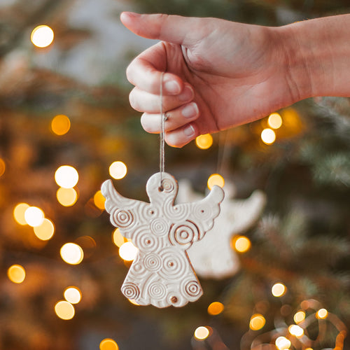 veramic hanging ornamet for tree. Christmas angel in gold decor. Handmade ceramic hanging holiday ornament.