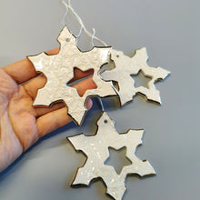 Load image into Gallery viewer, Ceramic snowflakes decorated in gold Holiday tree decor gift for wife or husband Elegant home decor cozyhomeideas
