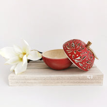 Load image into Gallery viewer, These ceramic bowls with a lid are ideal to use as a vanity jar to keep small valuables safe in the bathroom or bedroom. Ceramic bowls are made from white clay with gold-painted accents and hand-carved cut-outs in the lid.
