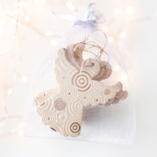 Load image into Gallery viewer, veramic hanging ornamet for tree. Christmas angel in gold decor. Handmade ceramic hanging holiday ornament.
