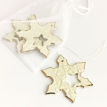 Load image into Gallery viewer, Ceramic snowflakes decorated in gold Holiday tree decor gift for wife or husband Elegant home decor cozyhomeideas
