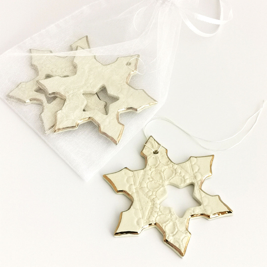 Ceramic snowflakes decorated in gold Holiday tree decor gift for wife or husband Elegant home decor cozyhomeideas