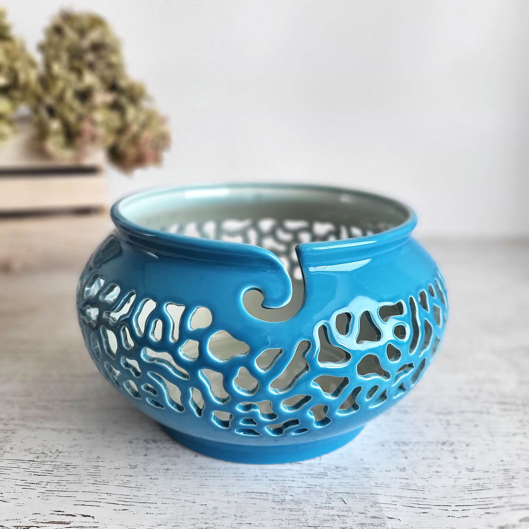 Ceramic yarn bowl - gifts for knitters or craft room decor. Pottery yarn holder - knitting storage and organizer. This ceramic crochet bowl also suitable as a fruit bowl or tea light holder.