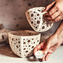 Load image into Gallery viewer, Handmade candle holder is the best wedding gift. Candle holder is made out of ceramic and hand-carved to perfection. Ceramic candle holder will bring coziness to any room in the house. Ceramic candle holder is essential for decorating any household. 
