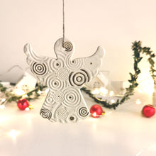Load image into Gallery viewer, veramic hanging ornamet for tree. Christmas angel in gold decor. Handmade ceramic hanging holiday ornament.
