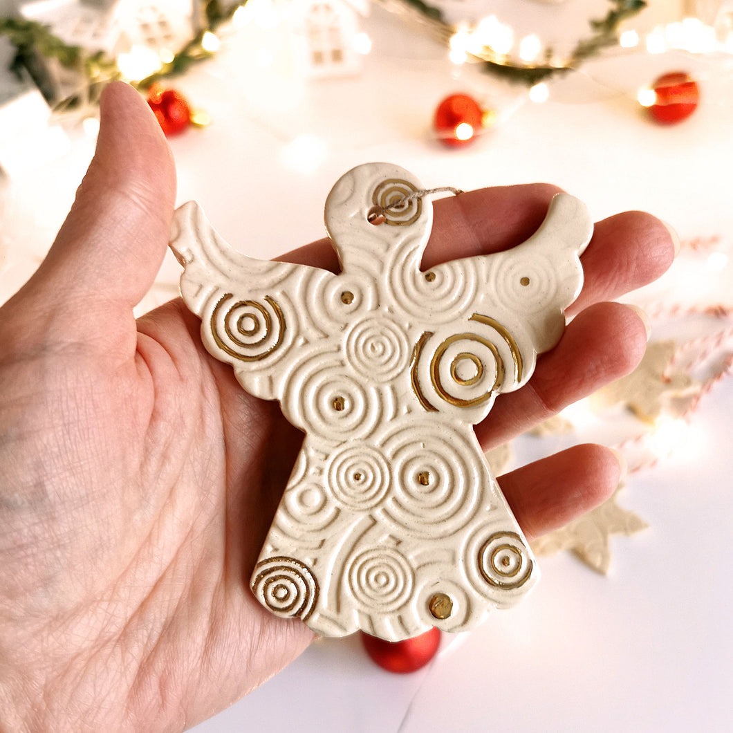 veramic hanging ornamet for tree. Christmas angel in gold decor. Handmade ceramic hanging holiday ornament.
