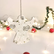 Load image into Gallery viewer, veramic hanging ornamet for tree. Christmas angel in gold decor. Handmade ceramic hanging holiday ornament.
