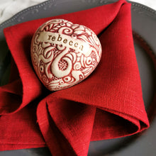 Load image into Gallery viewer, Our handmade ceramic custom place settings are a stunning alternative to flimsy paper place cards. They provide a memorable way to guide your friends and family to the right seats at your reception or shower. Additionally, the charming ceramic hearts make wonderful keepsakes to treasure after the celebration is over.
